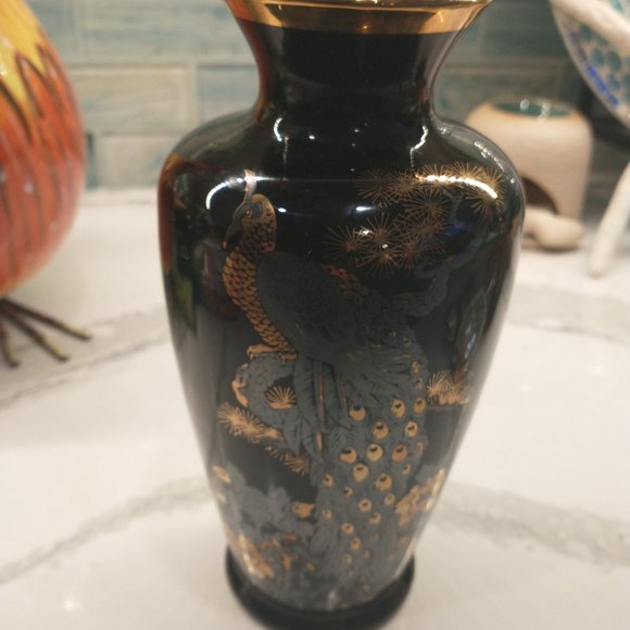 Vintage Peacock Floral Gold Trim Vase Japan - Picture 4 of 14